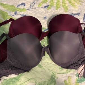 Victoria's Secret Dream Angels push up bra 34DD Burgundy & Gray set of two